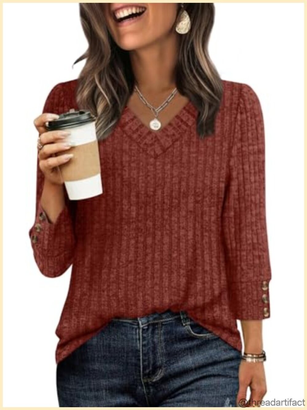 Womens V Neck 3/4 Sleeve Tunic Top Lightweight Loose Fit Casual Fall Shirt